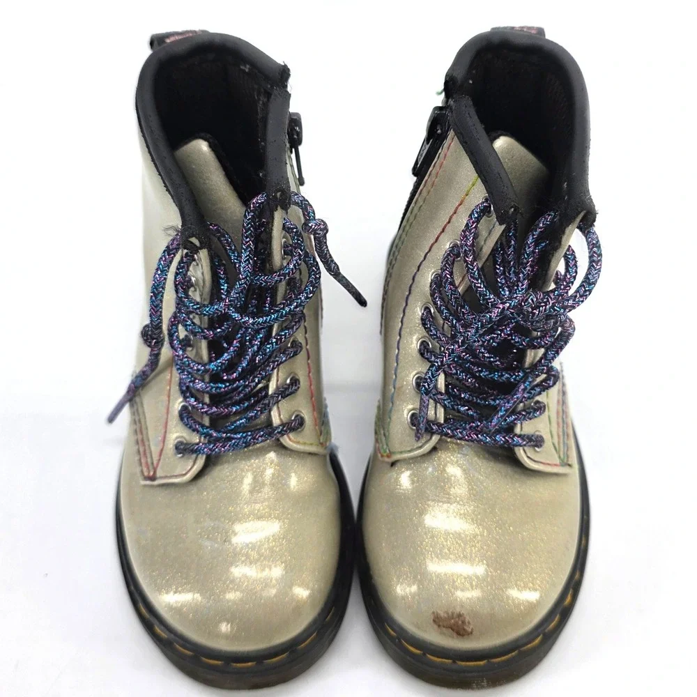 Dr Martens Sparkle Rays Boot Toddler 7 Silver Glitter Rainbow Stitch Combat 1460